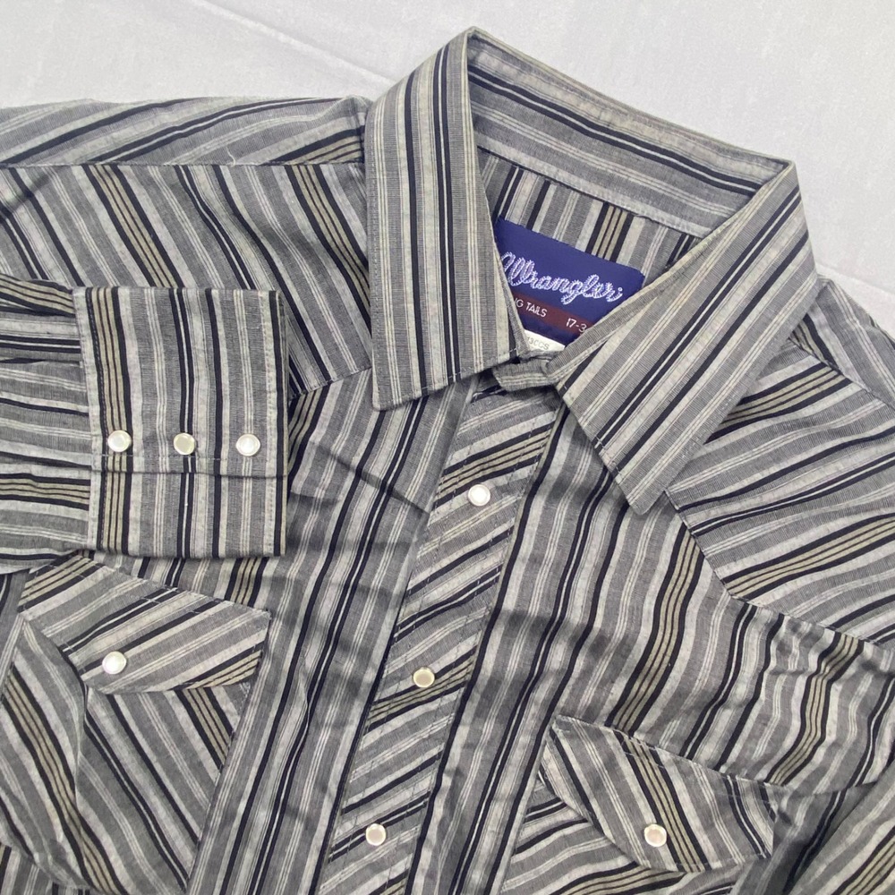 Wrangler Mens Western Pearl Snap Shirt‎ Gray Stripe Long Tail 17 34 XLT